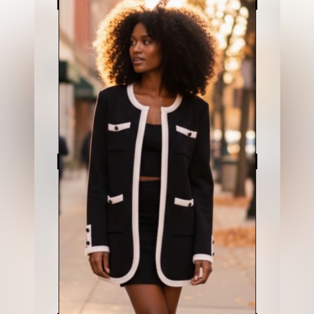 MISOOK Cardigan Sweater Open Black White Career Pockets Career